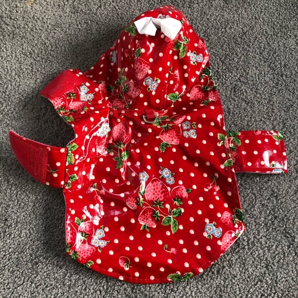 New XS cute polka dots cherry red strawberries dog cat pet rain coat jacket - Picture 2 of 7